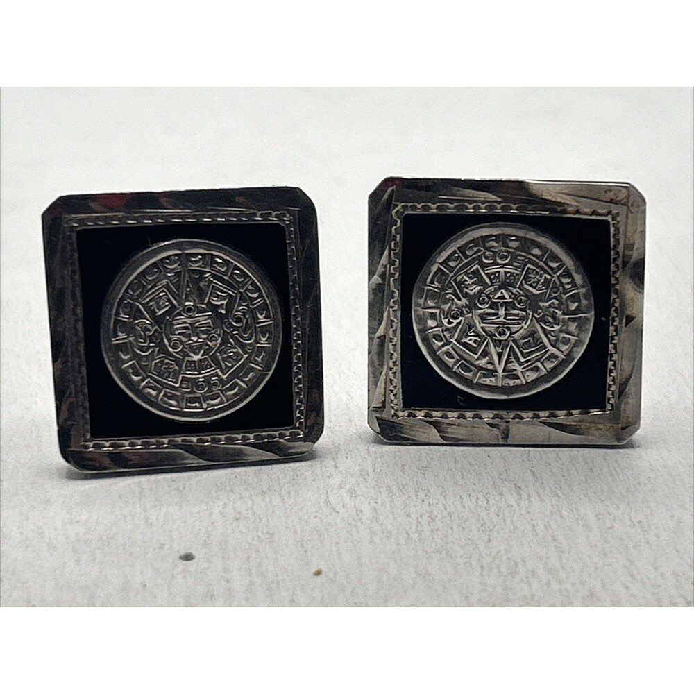 Vintage Mexico Aztec Calendar - Sterling Silver Front Cuff Links Black Onyx 925